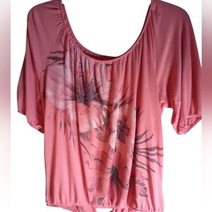 Rue 21 Floral Pink Women's Top Size XL Rhinestone Beachy Flowy Vacation Event